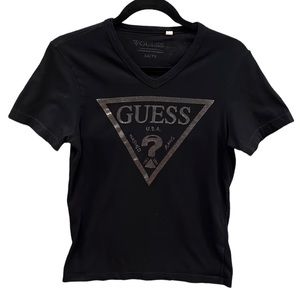 GUESS, V-neck T-shirt, black-silver, Women’s size XS.